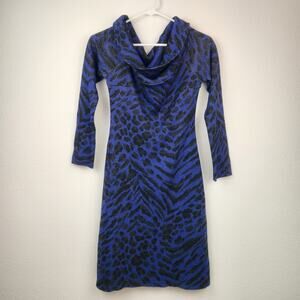 Blumarine Blue Dress Cowl Neck Leopard Long Sleeve 38 Italian US 2 NWT